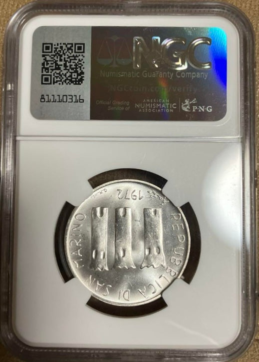 1972年 サンマリノ 500リラ銀貨【母と子|MS64|NGC鑑定】