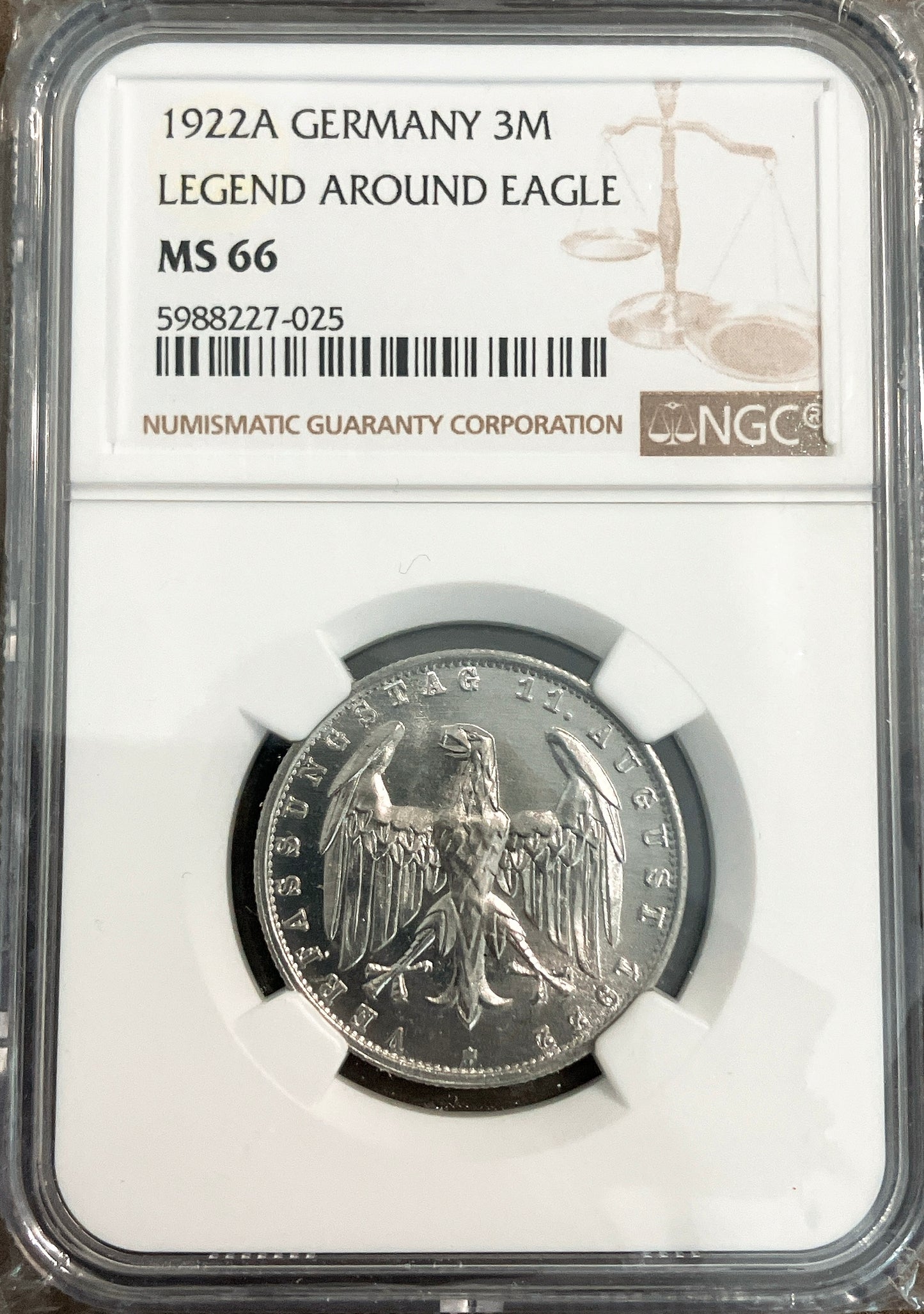 1922年 ドイツ 3マルク銀貨【ワイマール共和国・憲法制定記念|MS66|NGC鑑定】