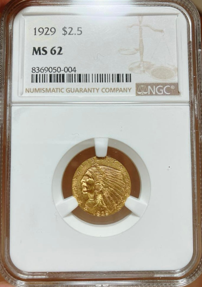 1929年発行の$2.5インディアン・ヘッド金貨、NGC MS62鑑定済みのアンティークコイン