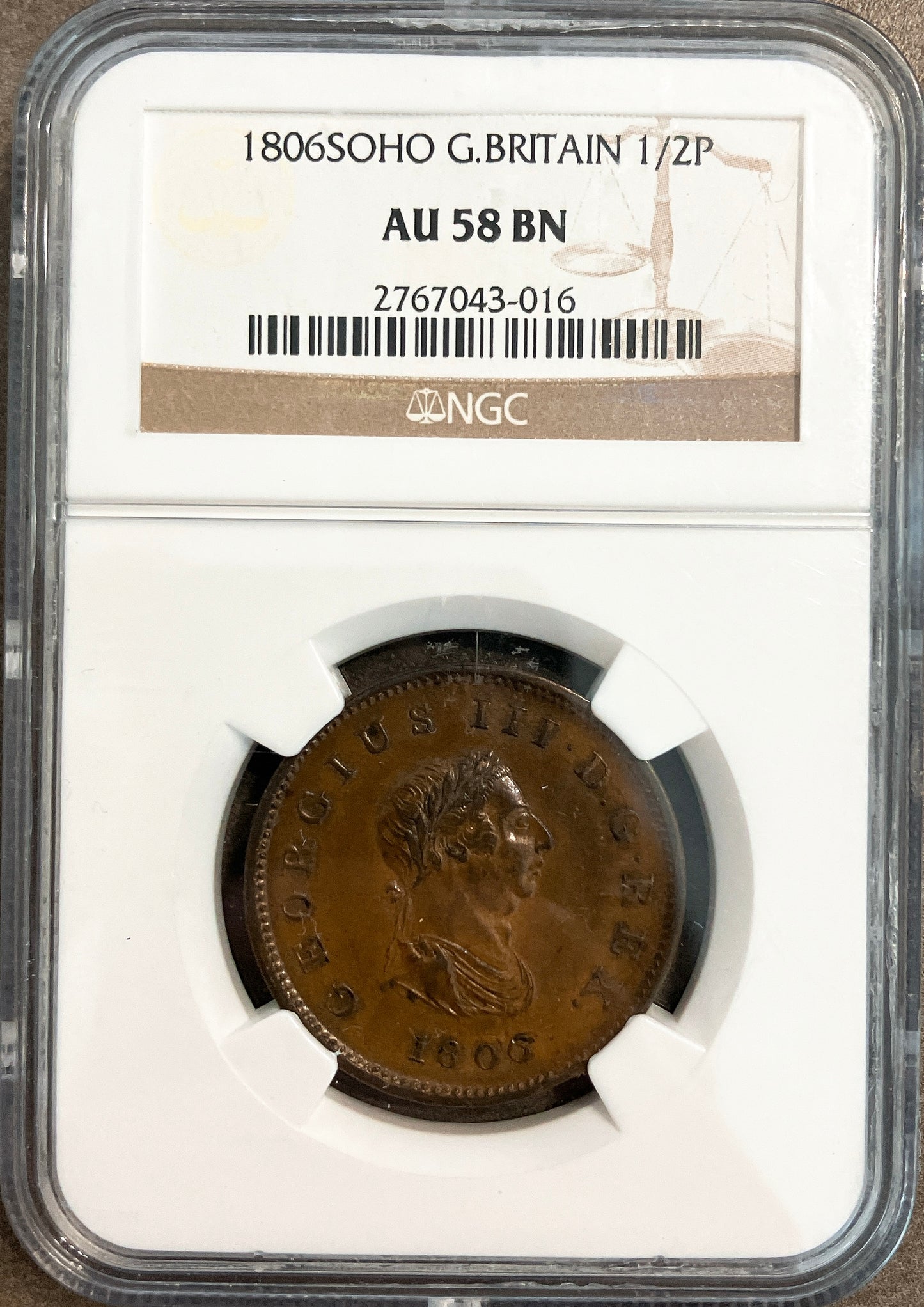 1806年 英国 ジョージ3世 1/2ペニー銅貨【NGC AU58|最上級保存|SOHO鋳造】