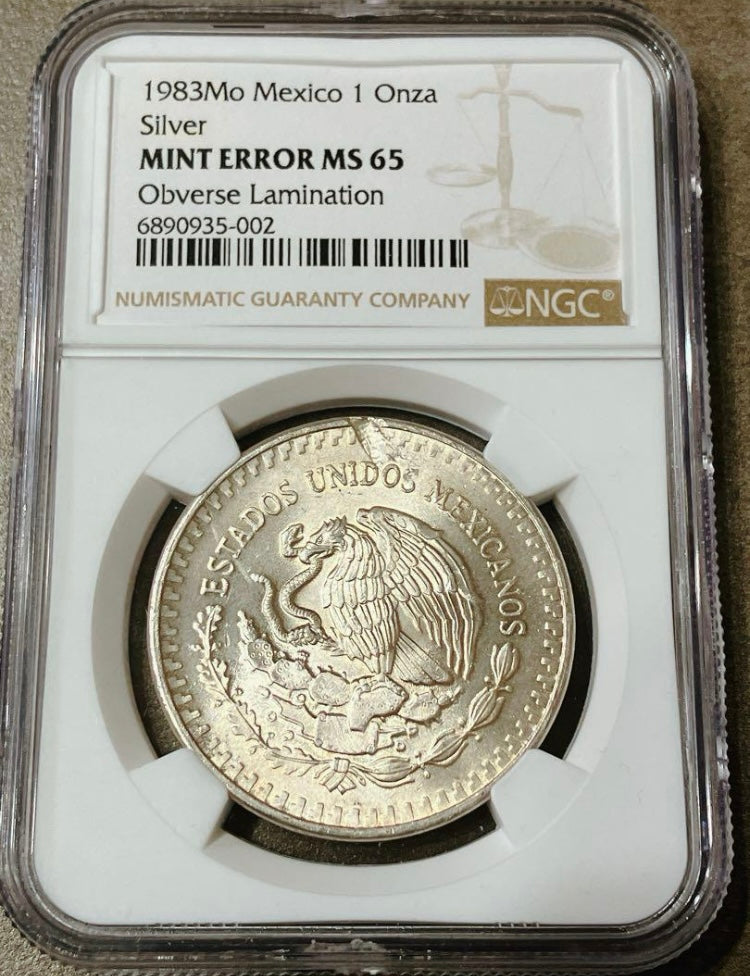 1983年 メキシコ 1オンサ銀貨【ミントエラー MS65|Obverse Lamination|NGC鑑定】