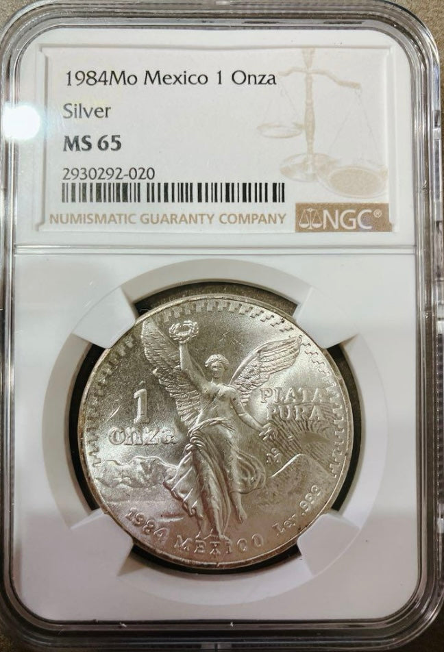 1984年メキシコ1オンス銀貨MS65、ヴィクトリア女神デザインのアンティークコイン