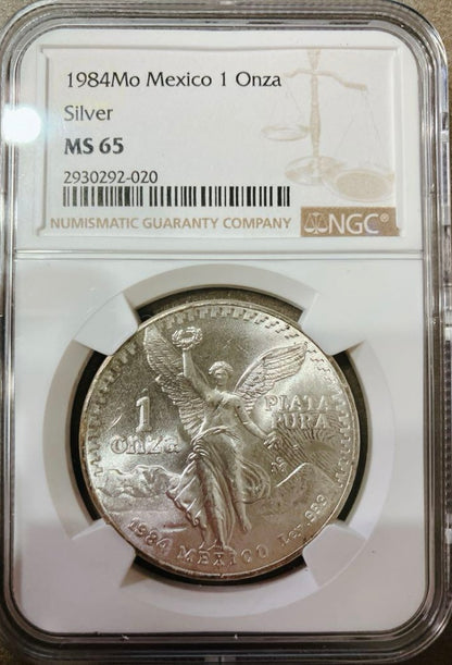 1984年メキシコ1オンス銀貨MS65、ヴィクトリア女神デザインのアンティークコイン