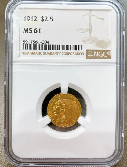 1912年 アメリカ $2.5 インディアン金貨【MS61｜NGC鑑定】