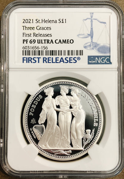 2021年 セントヘレナ「スリー・グレイセス」1ポンド銀貨【PF69UC｜First Releases｜NGC鑑定】
