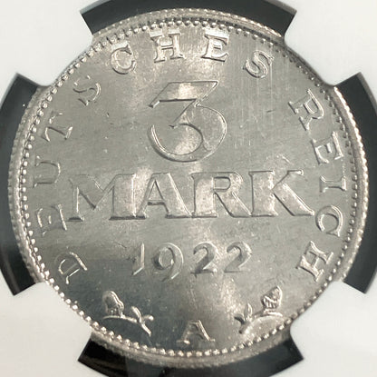 1922年 ドイツ 3マルク銀貨【ワイマール共和国・憲法制定記念｜MS66｜NGC鑑定】