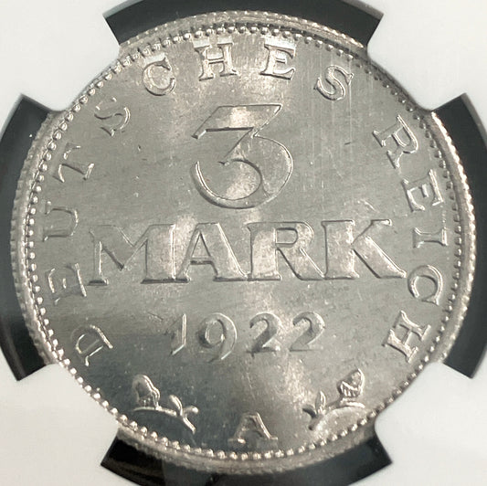 1922年 ドイツ 3マルク銀貨【ワイマール共和国・憲法制定記念｜MS66｜NGC鑑定】