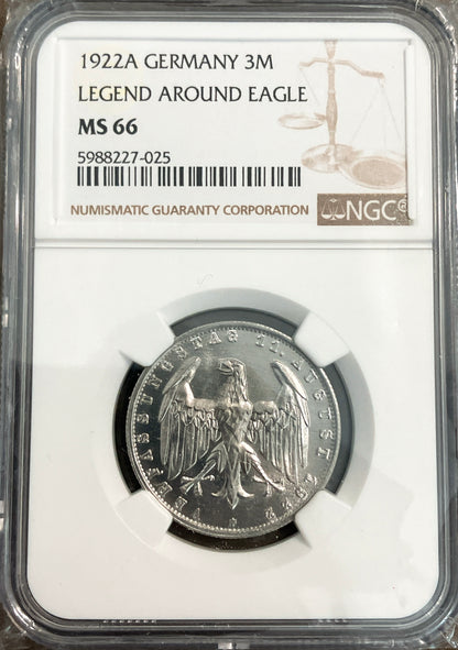 1922年 ドイツ 3マルク銀貨【ワイマール共和国・憲法制定記念｜MS66｜NGC鑑定】