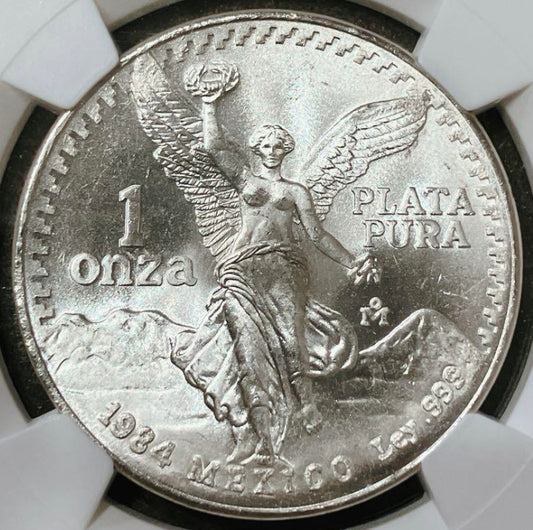 1984年メキシコ1オンスリベルタッド銀貨、MS66評価。自由の女神ヴィクトリア像が描かれる。