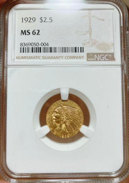 1929年発行の$2.5インディアン・ヘッド金貨、NGC MS62鑑定済みのアンティークコイン