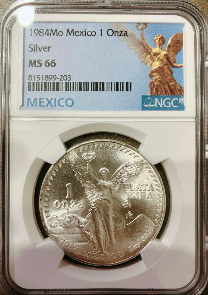 1984年メキシコ1オンス銀貨、リベルタッド、NGC MS66、ヴィクトリア像の彫刻が美しいアンティークコイン
