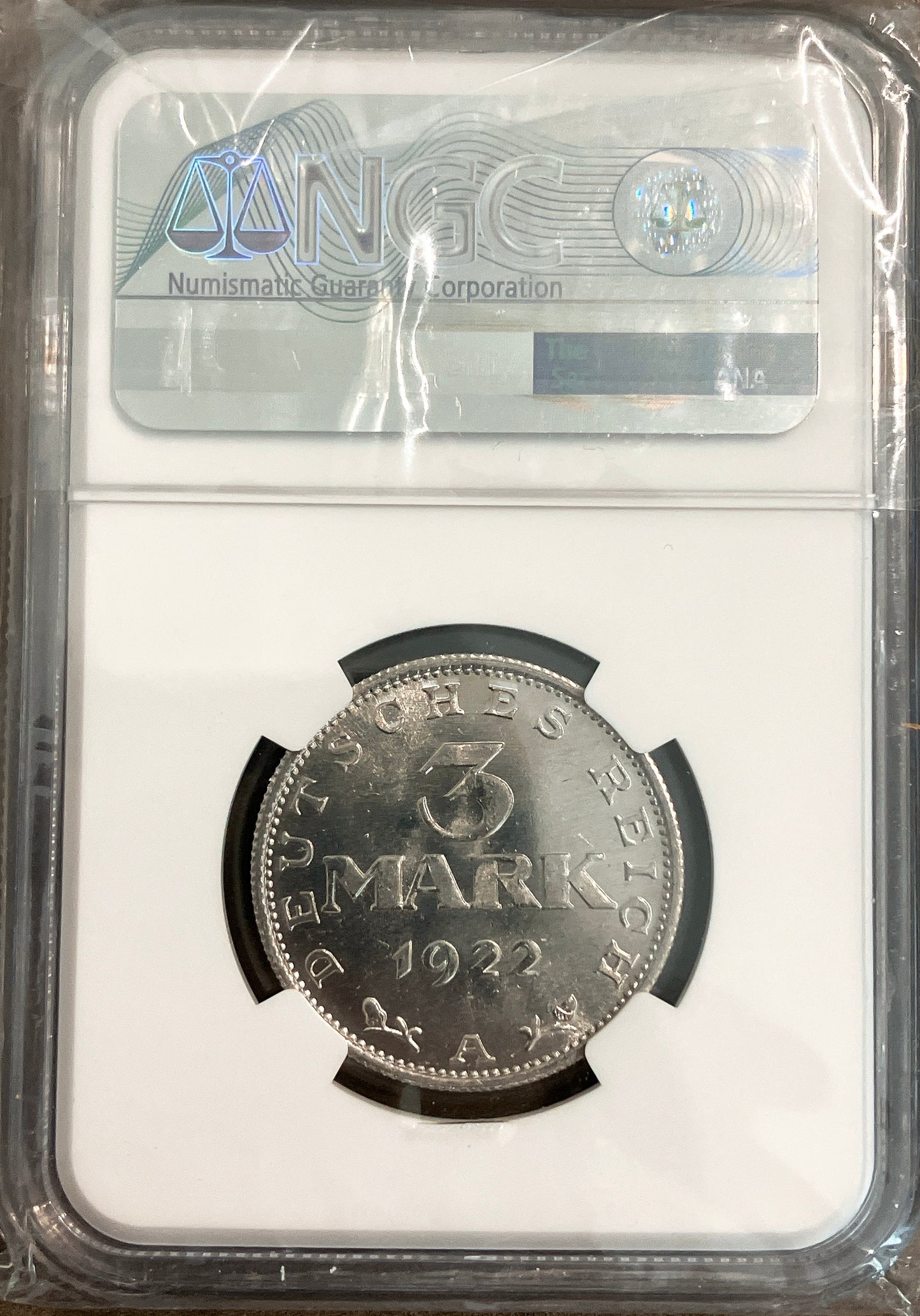 1922年 ドイツ 3マルク銀貨【ワイマール共和国・憲法制定記念｜MS66｜NGC鑑定】