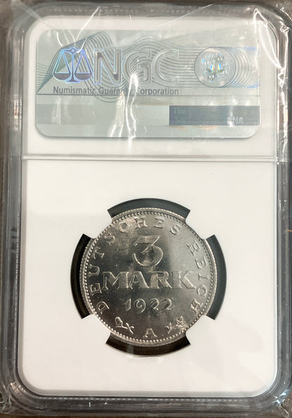 1922年 ドイツ 3マルク銀貨【ワイマール共和国・憲法制定記念｜MS66｜NGC鑑定】
