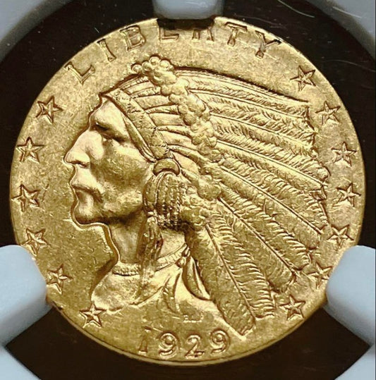 1929年発行のインディアン・ヘッド$2.5金貨、NGC MS62鑑定、リバティの横顔が特徴