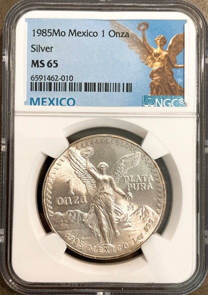 1985年 メキシコ 1オンス銀貨【リベルタッド｜NGC MS65｜自由と炎の女神像】