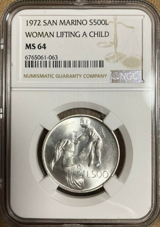 1972年 サンマリノ 500リラ銀貨【母と子｜MS64｜NGC鑑定】