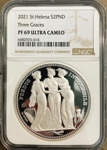 2021年 セントヘレナ「スリー・グレイセス」2ポンド銀貨【PF69UC｜NGC鑑定｜Three Graces】