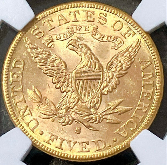 1886年 アメリカ $5リバティ・ヘッド金貨の裏面画像。サンフランシスコ鋳造、NGC MS62。