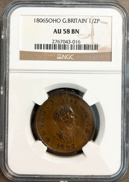 1806年 英国 ジョージ3世 1/2ペニー銅貨【NGC AU58｜最上級保存｜SOHO鋳造】