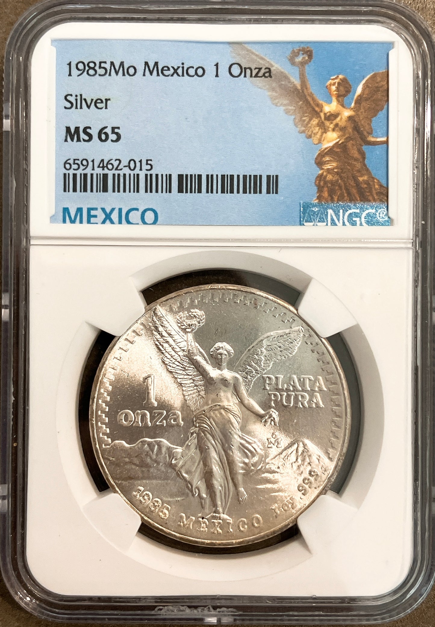 1985年 メキシコ 1オンス銀貨【リベルタッド｜NGC MS65｜自由の女神×活火山】