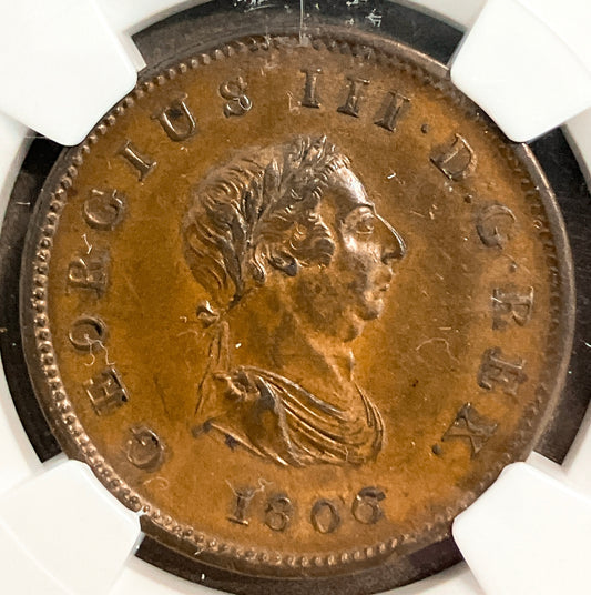 1806年 英国 ジョージ3世 1/2ペニー銅貨【NGC AU58｜最上級保存｜SOHO鋳造】