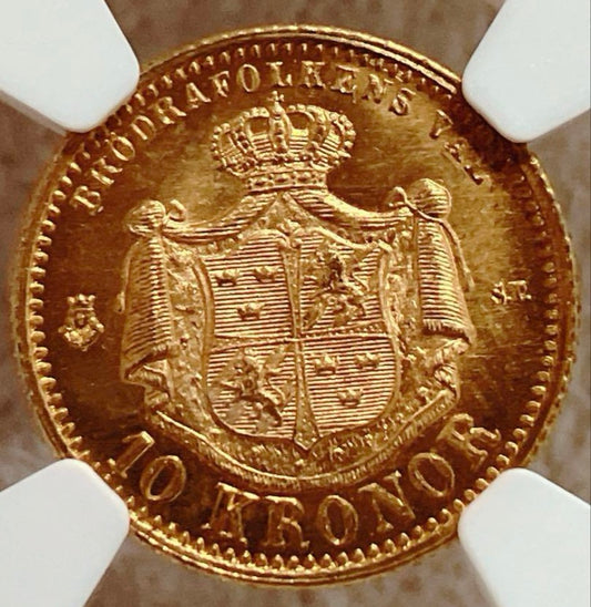 1874年 スウェーデン 10クローナ金貨【NGC MS63｜オスカー2世｜金貨｜アンティークコイン】