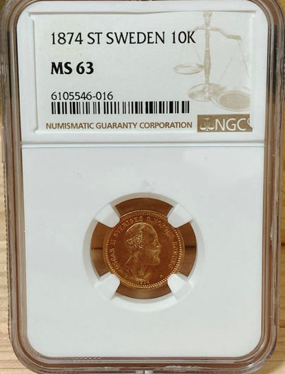 1874年 スウェーデン 10クローナ金貨【NGC MS63｜オスカー2世｜金貨｜アンティークコイン】