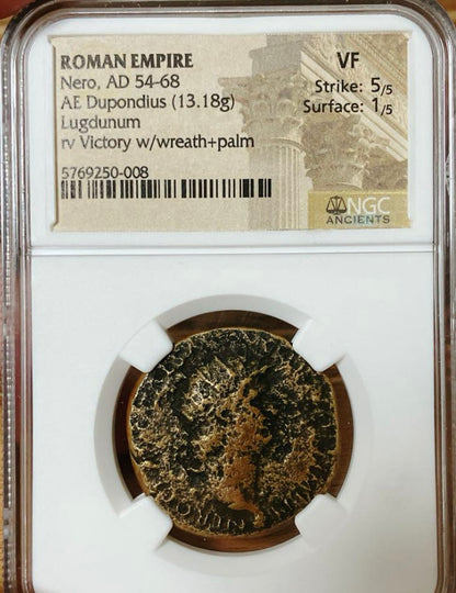 ローマ帝国 ネロ帝デュポンディウス銅貨【AD54–68｜NGC VF｜Strike:5/5｜13.18g｜アンティークコイン】